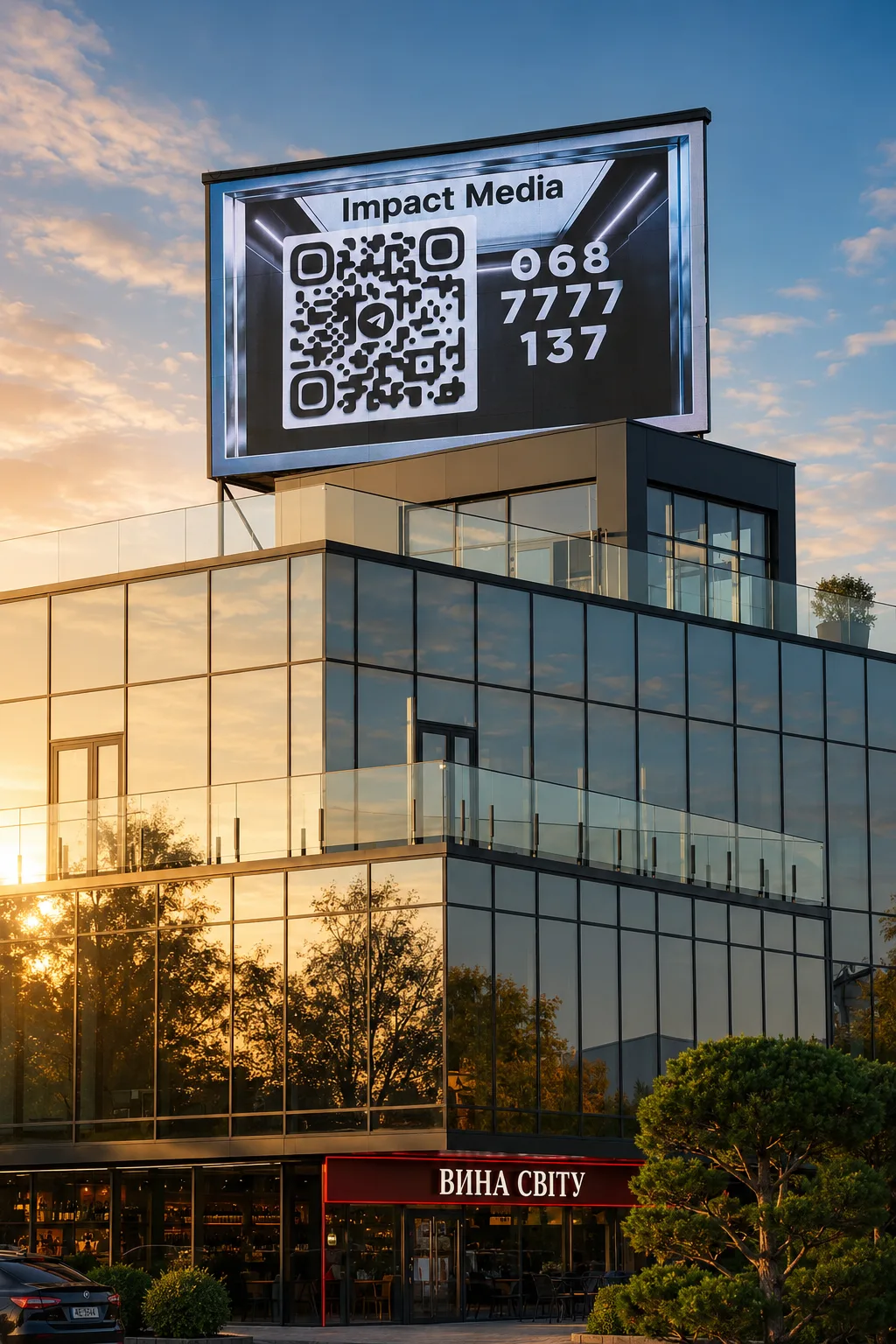 Stationary LED screen on a modern building
